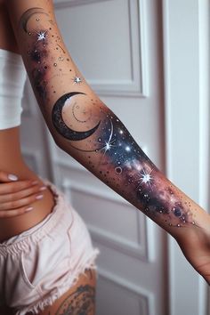 Universe Leg Tattoo, Large Star Tattoos For Women, Sun And Moon Galaxy Tattoo, Watercolor Celestial Tattoo, Starry Night Tattoo Ideas, Lunar Tattoo Ideas, Unique Tattoos With Meaning For Women, Galaxy Tattoo Sleeve, Sky Tattoos