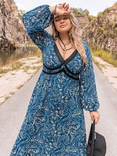 Cozy Plus Size Autumn/Winter Dress - Blue,3XL Bohemian Long Sleeve Dresses For Fall, Bohemian Knee-length Winter Dress, Knee-length Bohemian Winter Dresses, Winter Floral Print Long Sleeve Dresses, Casual Long Sleeve Floral Dress For Winter, Long Sleeve Floral Print Winter Dress, Blue Lantern Sleeve Dress For Fall, Fall Floral Print Dress With Bishop Sleeves, Bohemian Long Sleeve Midi Dress For Fall