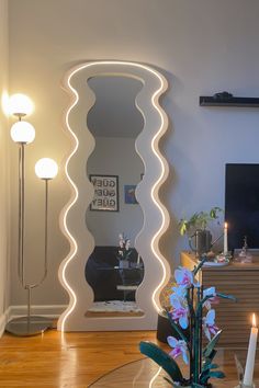 Wavy mirror. Home inspo. White home decor. Neutral aesthetic. Cozy aesthetic. Wavy Vanity Mirror, Funky Full Body Mirror, Blob Mirror Aesthetic, Aesthetic Wall Mirror, Crazy Mirror, Aesthetic Room Mirror, Mirror For Room, Cermin Aesthetic, Decoraciones Aesthetic