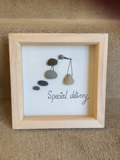 a wooden frame with three rocks in it and the words special delivery written on them