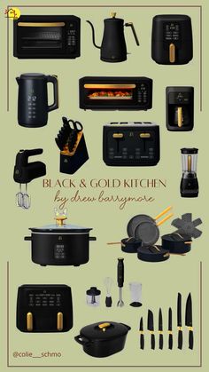 black and gold kitchen appliances are shown in this graphic art workflowe with the words,