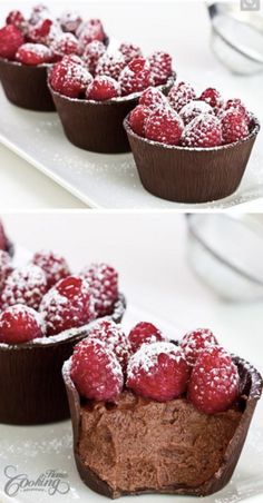 there is a chocolate cake with raspberries on top and another photo of it