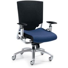 an office chair with wheels and blue fabric seat padding, viewed from the front