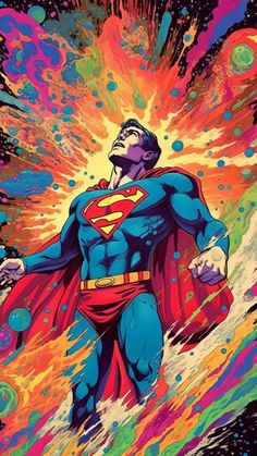 superman flying through the air with his cape open and colorful paint splatters around him