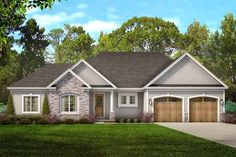 this is an artist's rendering of the front elevation of these ranch house plans