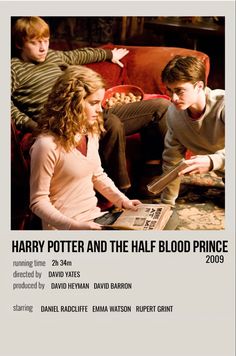 the half blood prince movie poster with three people sitting on a couch looking at a book