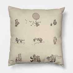 a pillow with winnie the pooh characters on it and balloons floating above them in the sky