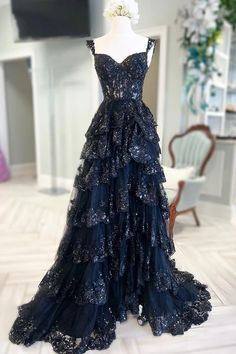 Navy Blue Prom Dress, Prom Dress Ideas, Grad Ideas, Sequin Sleeve, Lace Layers, Blue Tulle, Prom Dress Inspiration, Custom Size Dresses, فستان سهرة