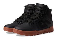 DC Pure High-Top WR Boot - Men's Lace-up Boots : Black/Gum 2 : The perfect after snowboard sesh shoe is here with the rugged vibes of the DC Pure High-Top WR boot! High-top silhouette. Uppers of leather and nubuck with a water-repellent finish. Mix of D-rings and classic boot speed lacing hardware. Gusseted tongue construction for added warmth and weather resistance. Heavy-duty rubber outsole with rugged tread for long-lasting wear. Imported. Measurements: Weight: 1 lb 4 oz Product measurements Rugged Waterproof Lace-up Boots For Streetwear, Rugged Insulated Waterproof Boots For Streetwear, Rugged Insulated Work Boots For Streetwear, Waterproof Lace-up Moto Boots For Streetwear, Urban Leather Combat Boots For Outdoor, High-top Adventure Boots With Laces, Black Leather Combat Boots For Adventure, Insulated High-top Combat Boots For Hiking, High-top Moto Boots With Rubber Sole For Outdoor