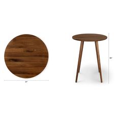 a wooden table with measurements for the top and side tables on each side, along with an image of a round wood table