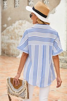 Sky Blue Loose Button Back Striped Blouse