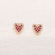 Genuine Ruby Gemstone With SI G-H Color Natural Diamonds Heart Earrings. Made In Solid 14k Yellow Gold Mini Love Studs. Lovely Gift for Mother's Day, Birthday, Christmas, Valentines Day. Also available in Rose Gold, White Gold and Yellow Gold. Product info: * Made to Order *Metal : Yellow Gold ( also available in Rose Gold & White Gold) * Purity : Solid 14k Gold ( Also available in 9k & 18k Gold) * Gemstone : 100 % Genuine Ruby * Stone Weight : 0.10 Ct Approx  *  Natural, Diamonds * Diamond Clar Fine Jewelry Double Heart Earrings For Valentine's Day, Fine Jewelry With Matching Earrings For Valentine's Day, Valentine's Day Fine Jewelry Double Heart Earrings, Valentine's Day Fine Jewelry With Matching Earrings, Valentine's Day Heart Cut Earrings With Prong Setting, Valentine's Day Yellow Gold Round Earrings, Valentine's Day Double Heart Fine Earrings, Cubic Zirconia Jewelry With Matching Earrings For Valentine's Day, Fine Jewelry Heart Earrings In Cubic Zirconia As Gift