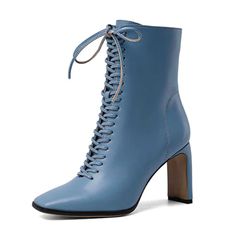 Trendy Blue Leather Boots, Blue Leather Lace-up Boots, Blue Lace-up Boots With Reinforced Heel, Blue Leather Heels For Winter, Blue High Ankle Heels For Fall, Blue Leather Ankle Boot Heels, Light Blue Pointed Toe Boots For Fall, Blue Winter Boots With Reinforced Heel, Light Blue Round Toe Boots For Fall