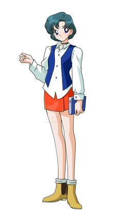 an anime character with short hair and blue eyes wearing red shorts, white shirt and yellow boots