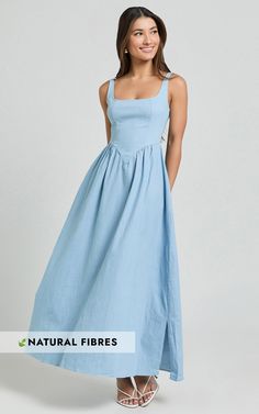 Rhaziya Midi Dress - Sleeveless Straight Neck Fit and Flare Dress in Blue | Showpo USA Blue A-line Sundress For Garden Party, Light Blue Sleeveless Maxi Dress With Fitted Bodice, Summer Maxi Dress With Fitted Bodice In Blue, Blue Maxi Dress With Fitted Bodice For Summer, Blue Sleeveless Midi Dress With Fitted Bodice, Blue Midi Dress With Fitted Bodice For Summer, Blue Maxi Dress With Fitted Bodice For Spring, Light Blue Sleeveless Maxi Dress For Brunch, Chic Blue Square Neck Sundress