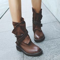 Category:Boots; Upper Materials:Faux Leather,PU; Embellishment:Buckle; Season:Fall,Winter; Heel Type:Chunky Heel,Block Heel; Gender:Women's; Toe Shape:Round Toe; Type:Mid Calf Boots; Style:Vintage,Minimalism,Casual; Heel Height(inch):1-2; Outsole Materials:Rubber; Occasion:Daily,Outdoor; Closure Type:Zipper; Pattern:Solid Color; Listing Date:10/25/2023; 2024 Trends:Riding Boots,Plus Size Fall Faux Leather Mid-calf Boots With Flat Heel, Fall Faux Leather Platform Boots With Flat Heel, Fall Faux Leather Flat Heel Platform Boots, Fall Faux Leather Moto Boots With Closed Toe, Winter Faux Leather Moto Boots With Closed Toe, Winter Faux Leather Moto Boots, Winter Moto Boots In Faux Leather, Fall Faux Leather Platform Boots With Buckle, Fall Faux Leather Closed Toe Platform Boots