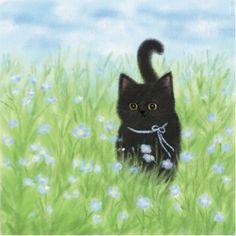 a painting of a black cat standing in the middle of a field with blue flowers