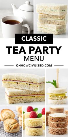 a collage of tea party menus with different sandwiches and pastries on them