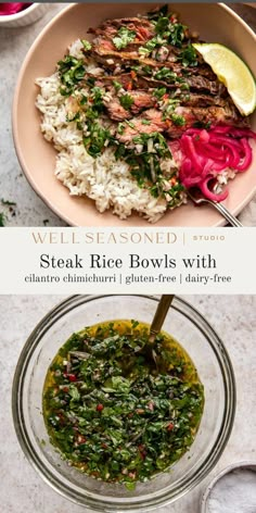 steak rice bowls with cilantro sauce and greens