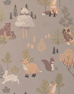 an animal themed wallpaper with trees and animals