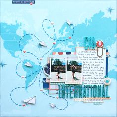 a scrapbook page with an airplane and world map