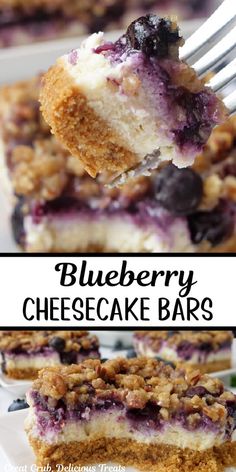 blueberry cheesecake bars on a plate with a fork