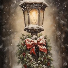 a painting of a lamp post with a wreath and bow on it in the snow