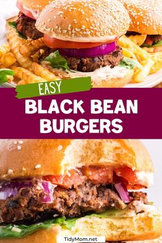 Discover the ultimate Vegetarian Black Bean Burger – fried, grilled, or baked, it's your call! Easy Prep (or make-ahead and cook from frozen) for busy weeknights, Protein-Packed for a plant-based protein boost, a sassy spice blend and sweet potato twist! Don't forget the homemade chipotle mayo for that perfect creamy finish! PRINTABLE RECIPE + TIPS AT TidyMom.net Vegan Black Bean Burgers, Bean Burger Recipe, Meatless Burgers, Vegetarian Burgers, Plant Based Burgers