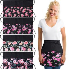 three different styles of aprons with pink flowers on black and white background, one is for