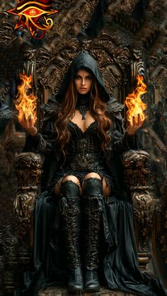 a woman dressed in black sitting on a throne with fire coming out of her hands