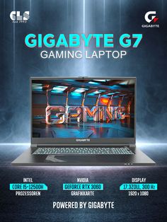 an advertisement for the gaming laptop company gigabyte g7 is shown in this image