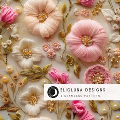 an assortment of flowers and pearls are featured in this image with the title, sequina designs