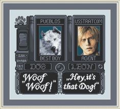 a cross stitch pattern with two pictures of people and a wolf