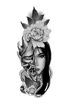 a woman's face with flowers and leaves on her head, in black and white