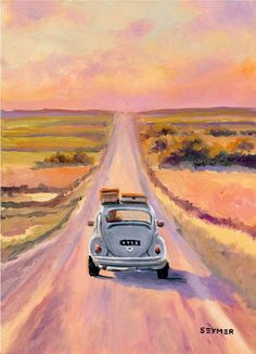 an oil painting of a car driving down a road with the sun setting in the background