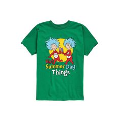 He'll be ready for summer in this Boys 8-20 Dr. Seuss Thing One & Thing Two "Hot Summer Day Things" Graphic Tee. He'll be ready for summer in this Boys 8-20 Dr. Seuss Thing One & Thing Two "Hot Summer Day Things" Graphic Tee. FEATURES Crewneck Short sleevesFABRIC & CARE Solid colors: cotton, Heather: cotton, polyester Machine wash Imported Size: Small. Color: Med Green. Gender: male. Age Group: kids. Material: Polyester|Cotton. Thing One Thing Two, Thing One, Dr Seuss, Summer Day, Be Ready, Hot Summer, Summer Days, Childrens Books, Solid Colors