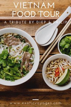 two bowls of vietnamese food with chopsticks and spoons on a wooden table