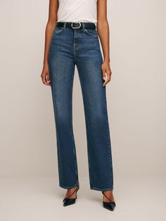 Tell your legs. Shop the Wilder High Rise Wide Jeans from Reformation, a full length jean that is slim throughout the thighs and has a wide leg opening. Airport Attire, High Rise Wide Leg Jeans, Fall Pants, Stretch Denim Fabric, Jean Large, Pant Trends, Long Jeans, Wide Jeans, Menswear Inspired