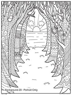 a coloring page with trees and water in the background for adults to color or print