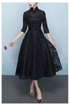 Shop modest black lace tea length homecoming dress with sleeves online. Sheprom offers formal, party, casual & more style dresses to fit your special occasions. Black Dress Modest Formal, Black Tea Length Wedding Dress, Cheap Black Dresses, Black Lace Tea Length Dress, Elegant Tea-length Vintage Dress, Modest Black Prom Dress, 1950s Goth, Western Dress Design, Modest Goth Outfit