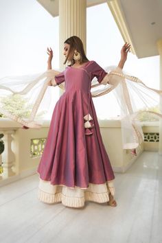 Cotton Silk Purple Angrakha for Women - Free Shipping & Easy Returns – Fledgling Wings Anarkali Frock Design, Long Gown Design, Lehenga Designs Simple, Anarkali Dress Pattern, Traditional Indian Dress, Frock For Women, Long Dress Design, Indian Dresses Traditional, Simple Pakistani Dresses