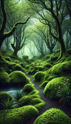 an image of a forest with moss growing on the ground