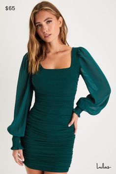 There's nothing better than feelin' fine and ready to party in the Lulus Perfect Sensation Dark Green Mesh Ruched Puff Sleeve Mini Dress! Slinky knit mesh (atop green knit lining) is ruched throughout this sexy bodycon dress that has a square neckline, a fitted bodice, and long puff sleeves with smocking at the cuffs. The figure-hugging skirt falls to an alluring mini hem. Hidden back zipper/clasp. Fit: This garment fits true to size. Length: Mid-thigh. Size medium measures 33" from shoulder to Dark Green Hoco Dress, Dark Green Mini Dresses, Puff Sleeve Bodycon Dress, Semi Dresses, Dark Green Dress, Green Homecoming Dresses, Winter Formal Dresses, Casual Formal Dresses, Dress With Puff Sleeves