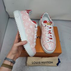 Louis Vuitton Pink Red Lv Time Out Monogram Sneaker Size Eu 41 Us 11 Womens Comes With Box And Dustbag 100% Authentic Color: Pink Red White Louis Vuitton Pink And White Time Out Sneakers Featuring All Over Monogram Print, White Lace Up Closure, Embossed Monogram Flowers At Back, Red And Pink Monogram Tongue And Heel Tab. *Brand New Laces* Low Top White Rubber Bottom Lace Up Materials: Leather Please Note Signs Of Wear On Bottom As Shown. Please Note Faint Mark On Toe As Shown Shoes Louis Vuitton, White Louis Vuitton, Louis Vuitton Pink, Pink Monogram, Monogram Prints, Louis Vuitton Shoes, Time Out, Pink And White, Pink Red