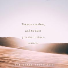 an image of the sun shining over sand dunes with a bible verse on it that reads for you are dust, and to dust you shall return