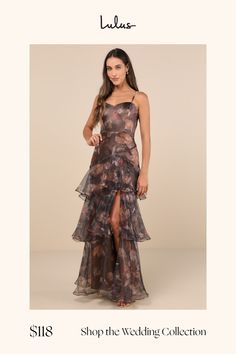 a woman in a long dress with the words shop the wedding collection on it's page