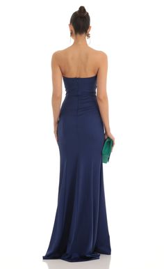 Annabel Strapless Maxi Dress in Navy | LUCY IN THE SKY Fitted Draped Bridesmaid Maxi Dress, Fitted Draped Maxi Dress For Bridesmaid, Navy Blue Formal Dress, Navy Prom Dresses, Prom Dress Inspo, Navy Blue Prom Dresses, Blue Strapless Dress, Strapless Prom Dress, Strapless Prom Dresses