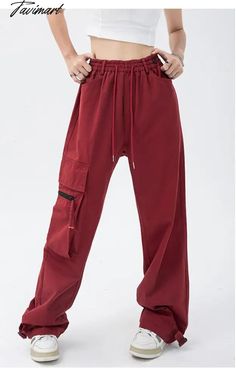 Tavimart Red Overalls Pants Women's Fashion Trousers Hip Hop Drawstring High Waist Wide Leg Baggy Casual Cargo Straight Pants Streetwear Red Wide Leg Sweatpants For Streetwear, Casual High Waist Burgundy Pants, Casual Burgundy Bottoms With Pockets, Casual Burgundy Pants With Pockets, Red Baggy Parachute Pants With Cargo Pockets, Baggy Red Cargo Pants With Cargo Pockets, Baggy Red Cargo Pants With Side Pockets, Red Cotton Pants With Cargo Pockets, Red Cotton Cargo Pants