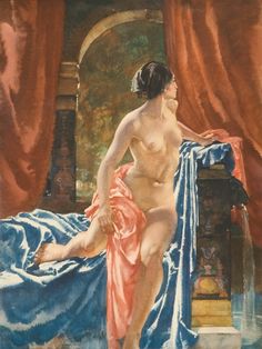 a painting of a naked woman sitting on a bed