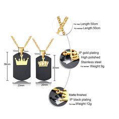 Our Matching Engravable King and Queen Crown Necklaces Set for Couples is suitable for everyday wear. Personalize the pendants with names or any text of your choice in local languages and unique symbols which make the jewelry a romantic Christmas and Valentines gift for men and women. Material: Stainless Steel Men Chain Length: 50cm~19inch Women Chain Length: 50cm~19inch Custom Name Black Necklace For Gift, Black Custom Name Necklace For Gift, Personalized Black Necklace For Birthday Gift, Personalized Black Jewelry For Birthday Gift, Personalized Couples Jewelry For Birthday Gift, Black Stainless Steel Necklace For Anniversary, Black Stainless Steel Jewelry For Anniversary, Customized Black Stainless Steel Necklace, Personalized Black Metal Necklaces